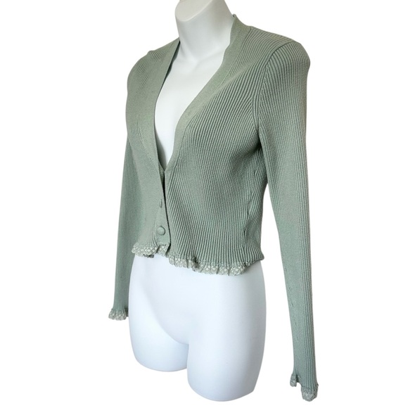 For Love and Lemons Nina Cropped Mint Ribbed Button Cardigan with Lace Trim - Picture 4 of 9